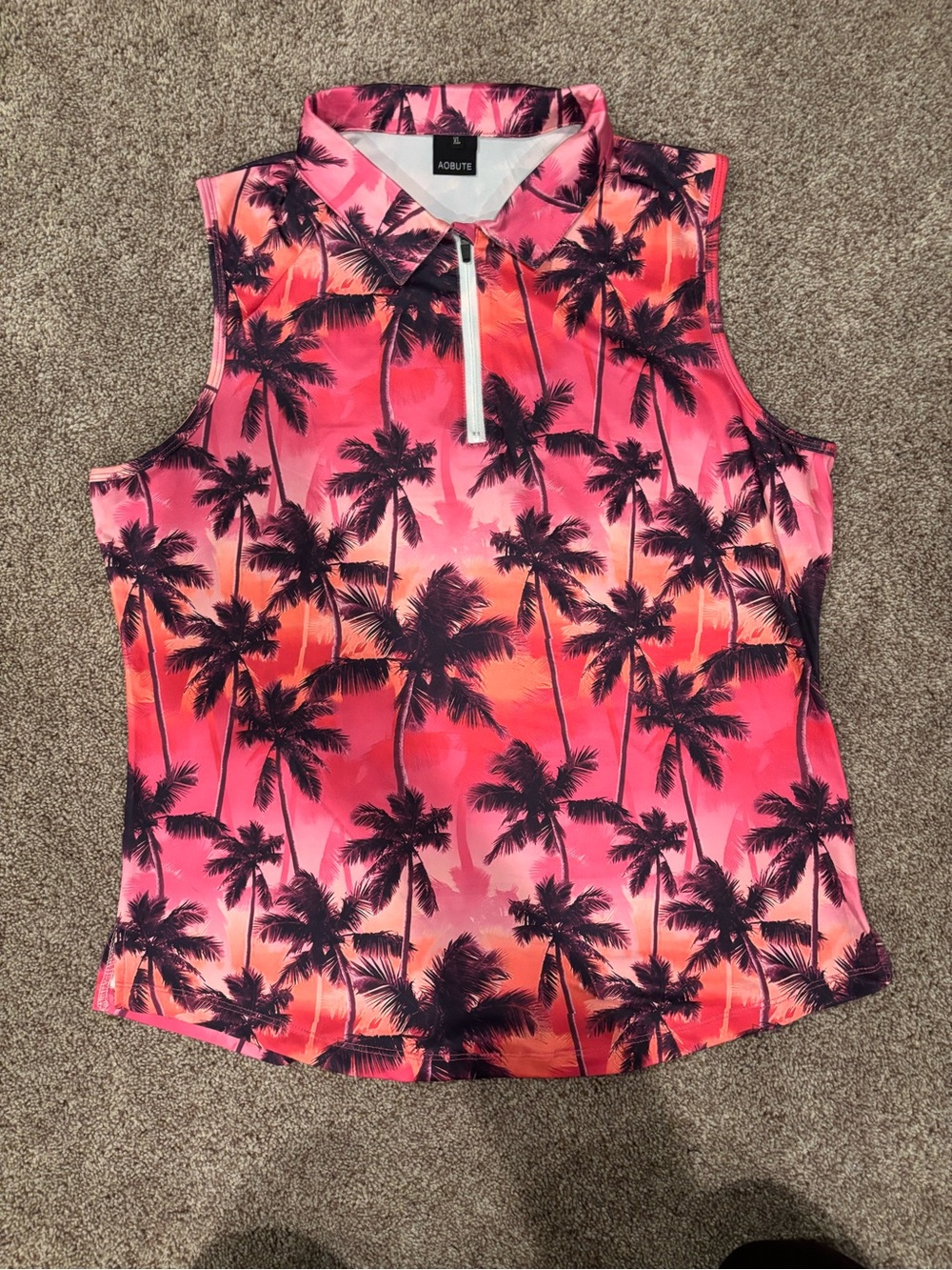 Pink Sunset Palm-Print Sleeveless Polo Tank